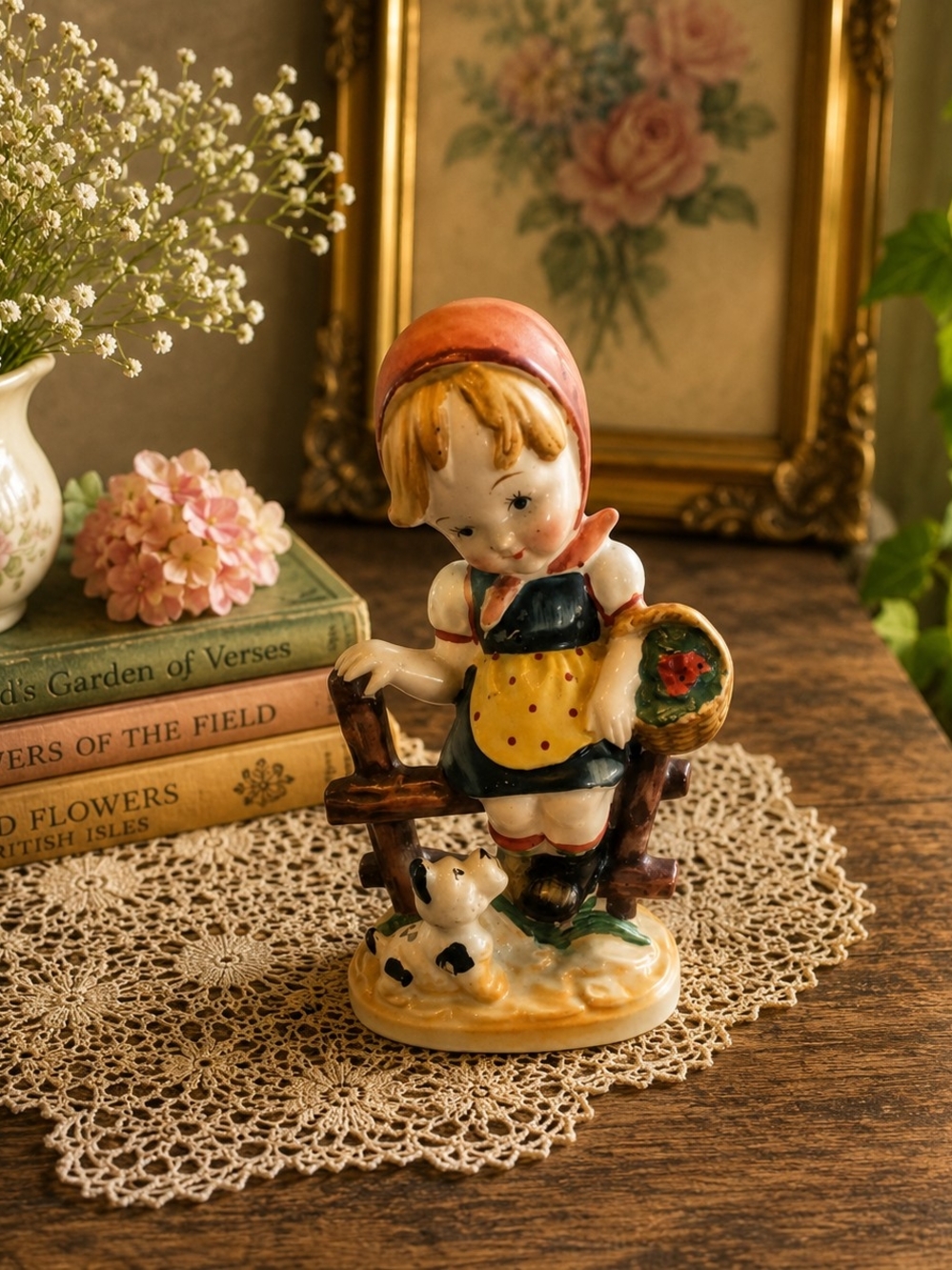 Vintage Occupied Japan Girl Figurine Bench Puppy Basket Porcelain 5.5"